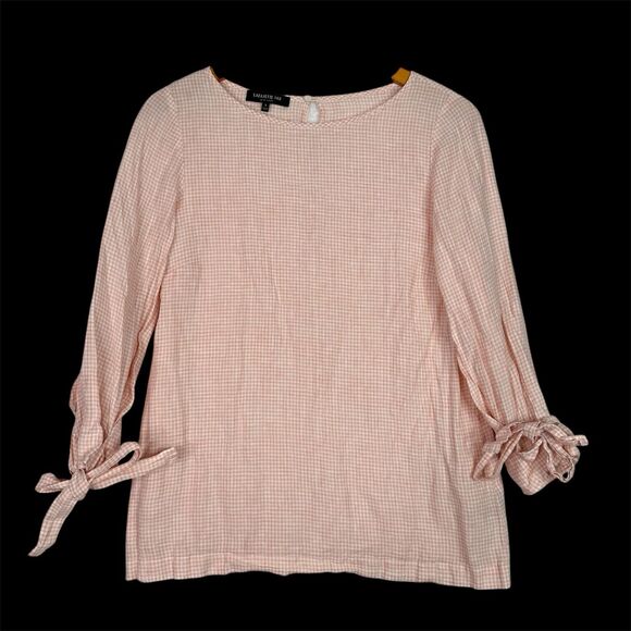 Lafayette 148 Linen Gingham Blouse Women’s Small Peach Check 3/4 Sleeve Bow Cuff - Picture 10 of 10